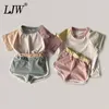 Pajamas Setelan Anak anak Bayi Baju Laki laki Warna Kontras Bahu Kaus Lengan Pendek Perempuan Celana Kasual Sederhana 230516