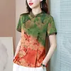 Women's Blouses 1pcs Women's Tops 2023 Chiffon Silk Fabric Prints Splicing Chinese Style Short Sleeve Primer Shirt Ladies Skinny Shirts