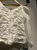 レディースブラウスの女性3次元ローズUネックホワイトブラウス2023春夏女性パフスリムプリーツスウィートシャツ