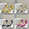 Kvinnor Brand Pumpar Luxury Dress Shoes Yellow Green Elegant Evening Sandals Hangisi Pycklat Satin Pump Ladys Wedding Party Storlek 35-43