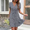 Casual Dresses Women Prints V Neck Short Sleeved A Line Beach Long Robe Dress Tunic Women's Maxi Sundresses