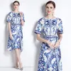 Повседневные платья вечеринка Banulin Summer Blue и White Foarcain Midi Women Cround шее с коротким рукав