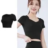 Yoga Outfit Women's Slim Fit Workout Tops Quick Dry Short Sleeve T-Shirt Built-in Chest Pad Open Navel Shirts Solid Color B2Cshop