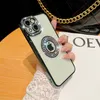 Luxe plating glitter diamant heldere kisten met cameralens beschermer geëlektroplateerd charme logo gat hollow uit transparante deksel voor iPhone 14 13 12 11 pro max max