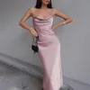 Casual Dresses Fashion Elegant Satin Backless Midi Dress Sexy Silk Straps Solid Color Lace Up Female Long Dresses Chic Party Vacation Outfits 230515