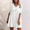 Casual Dresses Ruffle For Women 2023 Ladies Short Sleeve Mini Dress Sexy V Neck High midje flytande vintage sundress
