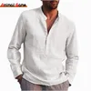 Męskie tshirty lniane długie rękaw stałe kolor luźne sprężyn bawełniana koszula plus rozmiar Mężczyźni 230516