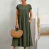 Casual jurken vrouwen elegante massieve maxi jurk zomer korte mouw o nek vintage harajuku katoenen linnen losse zonsondergang y2k zakken lang