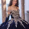 Роскошные темно -синие голубые платья платья Quinceanera платья из бусинки золотые аппликации поклоняются возлюбленной с мысливой вечеринки Принцесса Вестидос де Фиеста