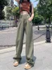 Vrouwen S jeans hijau Wanita Baru Musim Gugur Denim Kaki Lebar Lurus Longgar Pinggang Tinggi Pakaian Jalanan Kasual Y2K Celana Pantofel 230516