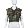 Damesvesten 2023 Vrouwen Vintage Camouflage Print Turn Down Collar Mouwlelles Waistcoat Streetwear Ladies Button Up Vest Jackets met