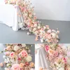 Dekorativa blommor lyxiga rosa bröllop Floral Runner Arrangement Banket Evenemangsbord Centerpieces Ball med Candleholder Rose Hydrangea