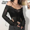 Maglietta da donna PixieKiki Kaus Hitam Lengan Panjang Leher V Renda Seksi per Wanita Pakaian Klub Blus Jala Atasan Crop Tembus Pandang P94 BB10 230515