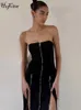 RUKAS Women Fashion Strapless Black Zippers Slit Sexy Slim Midi Dress 2023 Summer Y2K Streetwewar Party Club Outfit Wholesale