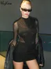 RUKAS Black Long Sleeve Backless Patchwork Mesh See Through Sexy Slim Mini Dress Summer Women Fashion Clothes Party Nightclub