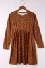 brown Leopard Long Sleeve Babydoll Dress 2023 Hot New 81E5#