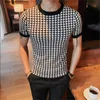 Men's T-Shirts Luxury Men Summer Slim Knitted Tshirt 2023 New Houndstooth O-neck Short Sleeve Top Tees Streetwear Social Club Casual Tee Shirt M-4XL