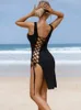 Damen-Bademode, einfarbig, gerippt, Strandkleid, Badeanzug, sexy Ausschnitt, Knoten, seitlich geteilt, Oberschenkel, weiß, Cover-Ups, Kimono, Damen-Bikini, Strandmode 230516