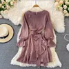 Casual Kleider Herbst 2023 Koreanische Chic Elegante Oansatz Kleid Frauen Dünne Taille Büro Arbeit Rüschen Dame Vintage OL