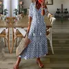 Casual jurken vrouwen Boheemse lange jurk casual v nek halve mouw losse bloemenjurk vrouwelijke vintage trekkoord vakantie strandjurk Vestidos 230515