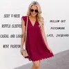 Dress Hollow Out Sexy Lace Mini Dress For Women 2023 Vneck Ruffle 슬리브 Aline Sundress Summer New Pocket and Short LH494