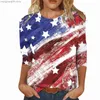 여자 티셔츠 맞춤형 2023 스프링 독립 기념일 테마 인쇄 둥근 목 3/4 여자 티셔츠 T230517