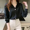 Women's Blouses Shirts Autumn Elegant Buttons Solid Color Polo-Neck Long Sleeve Women Clotheing Femme All-match Basic Blouse Ladies Simplicity Tops 230516