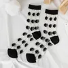 Women Socks Retro Transparent Japanese Wave Point Black And White Cute Hosiery Cotton Female Medium Tube