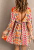 Multicolour v Neck 3/4 Sleeve Boheemian Vintage Print Mini Dress G9K5#