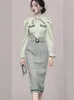 Vestidos de trabalho Zawfl 2023 Autumn Sweet coreano elegante de duas peças conjunto feminino de chiffon blusa de tweed de tweed de tweed alta saia