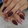 False Nails Mix Rose Gold Glitter Frosted Bourgondië Matte Stiletto 24 -stks Volledige hoes Amlond afgewerkt Pre Design Fake Nail Tips