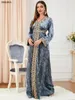 Ethnic Clothing Abayas For Women Floral Embroidery Moroccan Caftan Belt Long Sleeve Luxury Velvet Split Hem Slim A-Line Party Dresses 230517