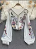 Women's Blouses Shirts Bohemian Blouse Embroidered Top Spring Summer V-neck Loose Lantern Sleeves Ethnic Cotton Linen Shirt Female Blusa D1105 230516