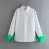 Women's Blouses Shirts Green Feathers on the Cuffs Womens Blouses Long Sleeves Women's Clothing White Elegant Female Blouses Tops Shirts for Women Top 230516