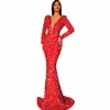 Платья Сексуальное красное облегающее платье русалки с глубоким V-образным вырезом и блестками Элегантные вечерние платья для женщин 2023 Вечернее свадебное длинное платье макси