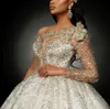 Luxury Ball Gown Wedding Dresses One Long Sleeve V Neck Sequins Applique Ruffles Bridal Gowns Beaded 3D Lace Zipper Diamonds Plus Size Custom Made Vestido de novia