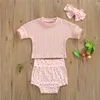 Ensembles de vêtements 0-36m bébé filles été 3 pièces ensemble de vêtements à manches courtes côtes hauts en tricot Floral Daisy Shorts bandeau infantile