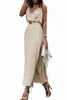 apricot V Neck Sleeveless Maxi Dress with Elastic Belt H4QL#