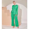 Ethnic Clothing Malaysia Women Summer Muslim Sets Long Sleeve Blouse Top Wide Leg Pants Casual Loose Turkey Femme Dubai Solid Color Middle