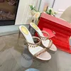 Rene Caovilla högkvalitativa designers Sandaler 100% läder Nya kvinnor Sandal Summer Crystal Pendant Wedding Dress Shoes Heels Heels Sexiga bilder äkta ensam tofflor 3H3G