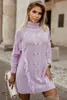 purple Twist Fringe Casual High Neck Sweater Dress Y3Ty#