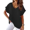 Kvinnors blusar Kvinnor Summer T-shirt Casual Solid Color Loose Short Sleeve V-Neck Daily Wear Pullover Plus Size Batwing Sleeves Lady Top