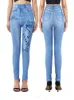 Leggings femininas Indjxnd azul claro jeans falsos de jeans de borboleta Mulheres mais tamanhos de jegging Alta cintura Casual Calças S-3xl