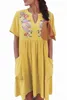 Vestido de columpio babydoll floral bordado con cuello dividido amarillo t8zj #