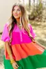 Multicolor Color Block Tiered Puff Sleeve Dress L6zy#