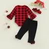 Conjuntos de ropa para niñas pequeñas, conjunto de monos navideños, mono de manga larga a cuadros y pantalones informales elásticos, traje con diadema
