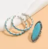 Ketting oorbellen set boho ring voor vrouwen turquoise stenen hoepel verstelbare vinger vintage sieraden