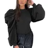 Women's Blouses Fashion Women Ladies Solid Long Puff Mesh Sleeve Tops Pullover Knitted Blouse Loose Jumper Autumn Slim