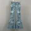 Damenjeans 2023 Sommer Runway Solid Cotton Flare Damenmode Hohe Taille Perforierte Hühneraugen 6 Taschen Cargohose Blue Ocean Series