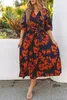 Orange V Neck Wrap Pleated Maxi Floral Dress med slips L7SL#